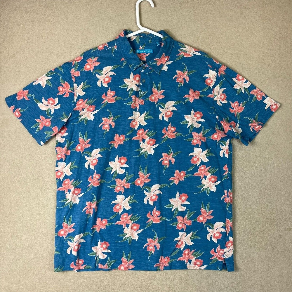 Tori Richard Shirt Mens Extra Large Blue Floral Hawaiian‎ Button Up Beach Adult